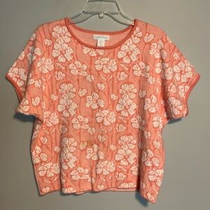 Cynthia Rowley Peachy Pink And White Floral Knit Short Sleeve Blouse Size L